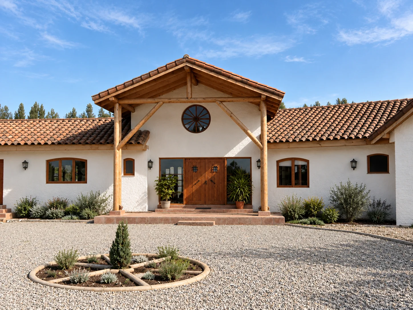 Fotografía residencial ilustrativa — Casa mediterránea con jardín circular
