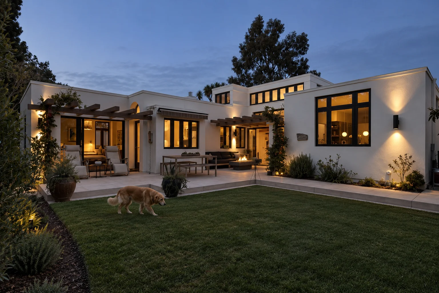 Vivienda residencial — Casa moderna al atardecer con jardín y perro
